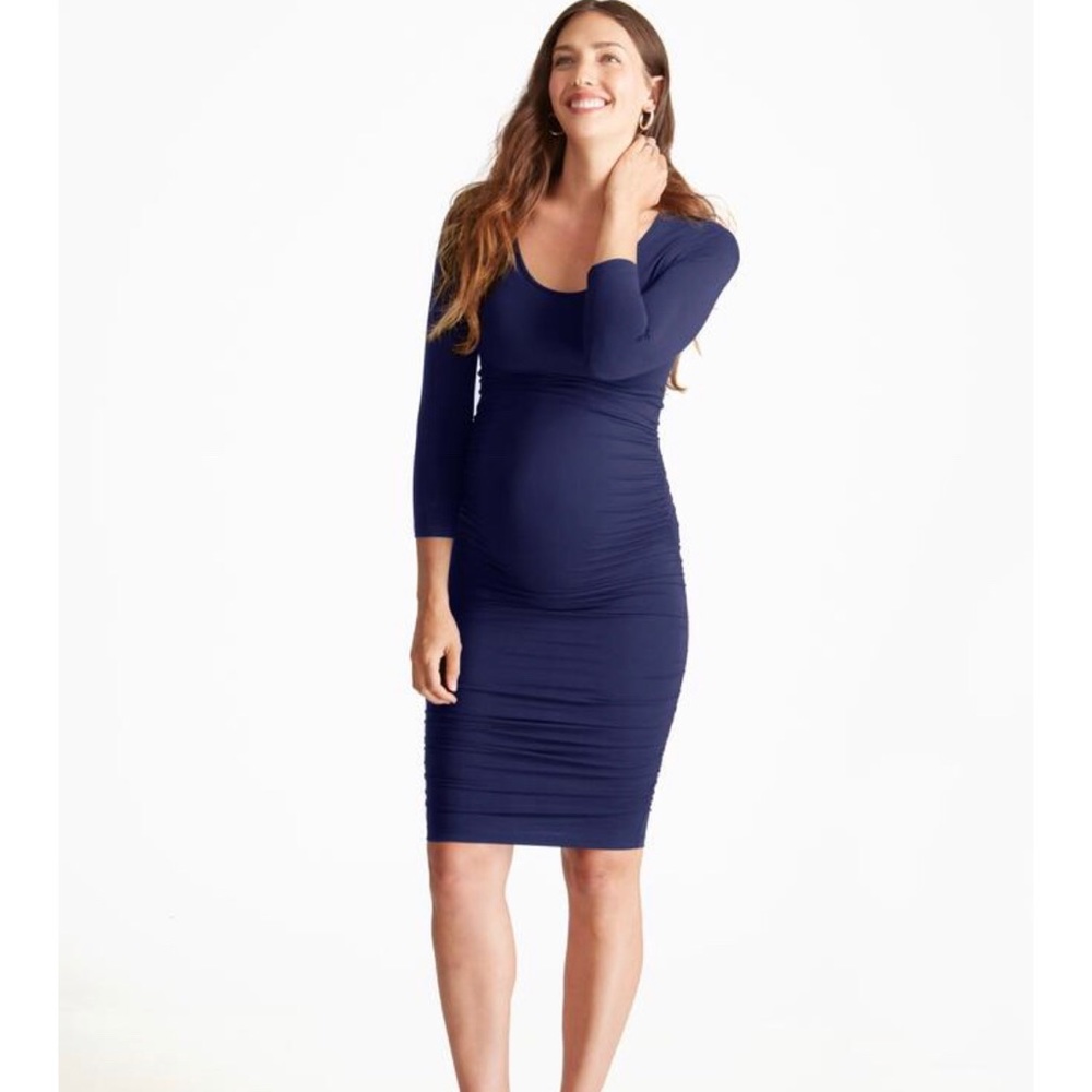 Ingrid & Isabel 3/4 Sleeve Shirred Dress- navy